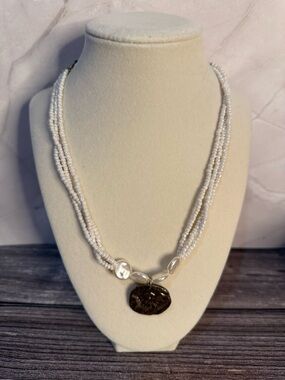 NWOT Free People White Beaded Multi-Strand Necklace with Pearl Accents & Pendant